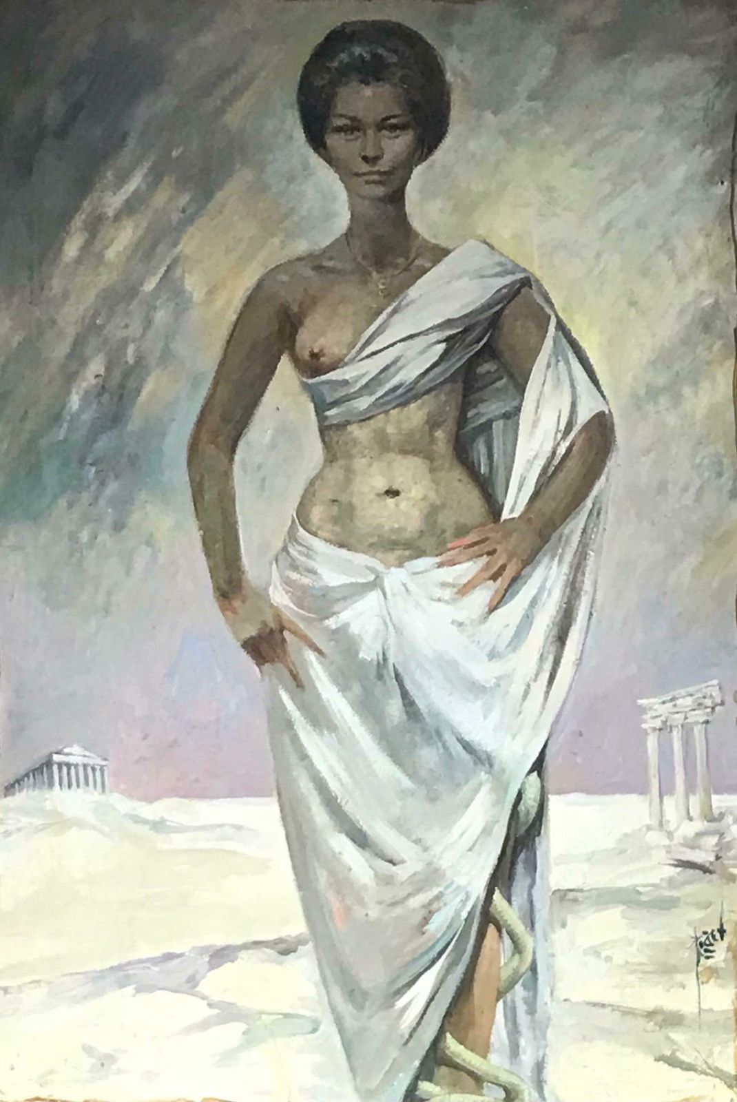 Pierre Piget (1907 1990)huge 1960's French Oil Portrait Of Roman/ Greek Semi Nude Lady Classical Ruins