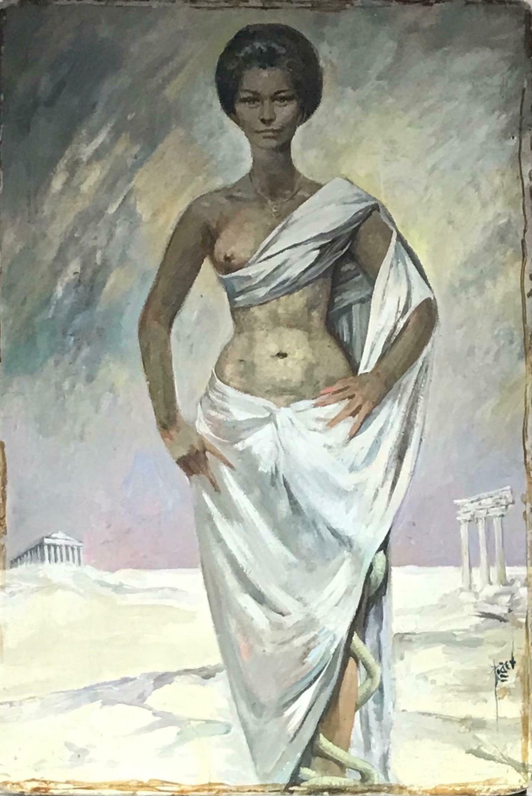 Pierre Piget (1907 1990)huge 1960's French Oil Portrait Of Roman/ Greek Semi Nude Lady Classical Ruins photo furniture