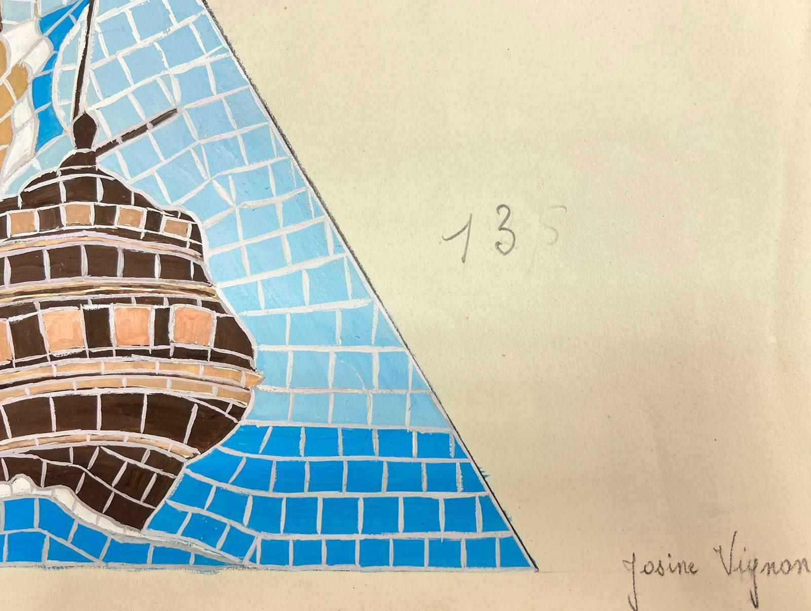 Josine Vignonmid Century French Illustration Sketch Of A Mosaic Ship In The Sea Drawing1960's photo for sale