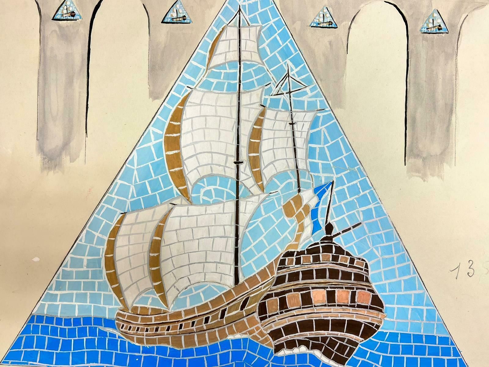 Josine Vignonmid Century French Illustration Sketch Of A Mosaic Ship In The Sea Drawing1960's photo 153.0