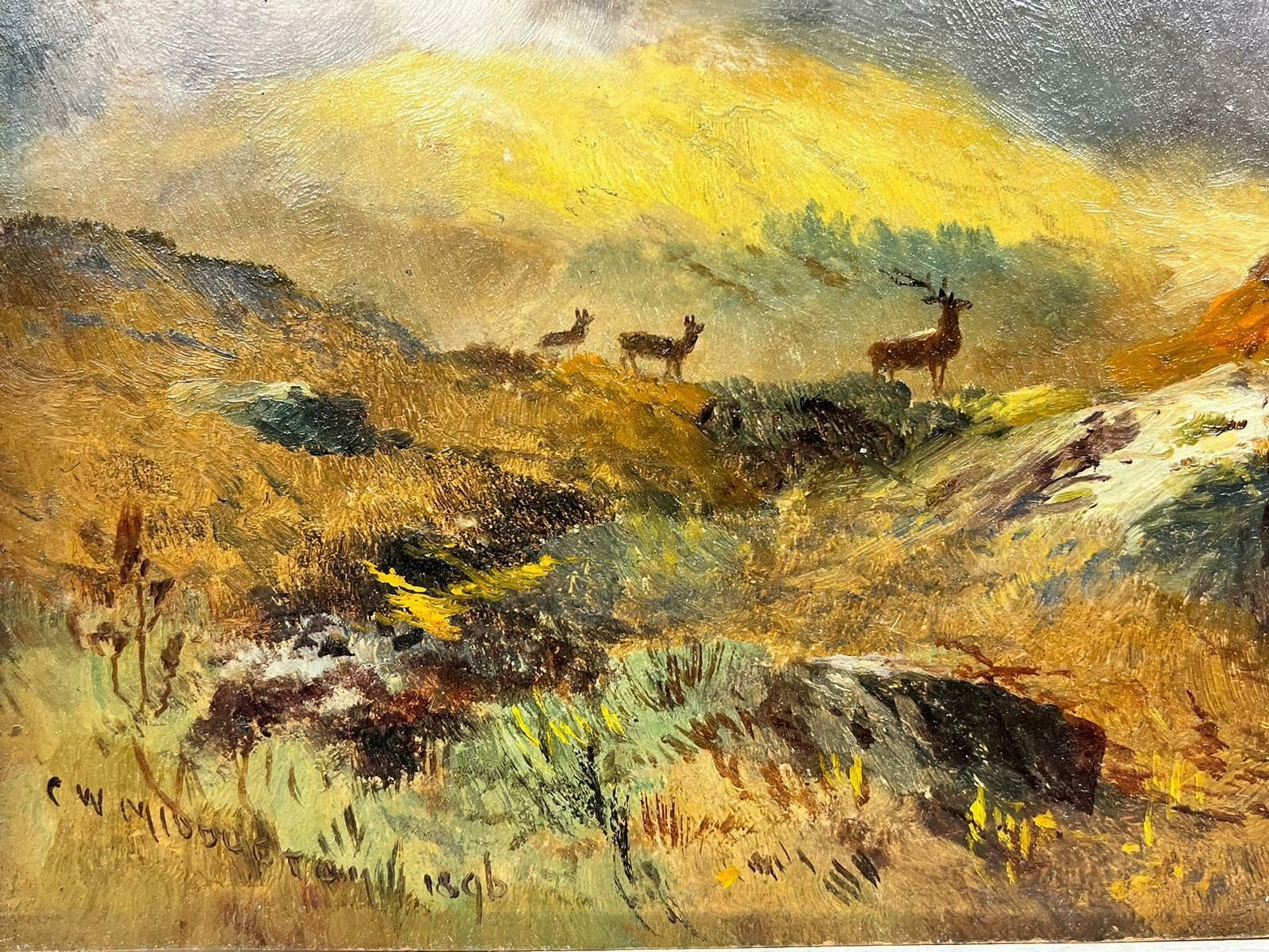 Charles W. Middletonvictorian Signed Oil Family Of Stags Scottish Highland Landscape Beside Loch1896 photo for sale