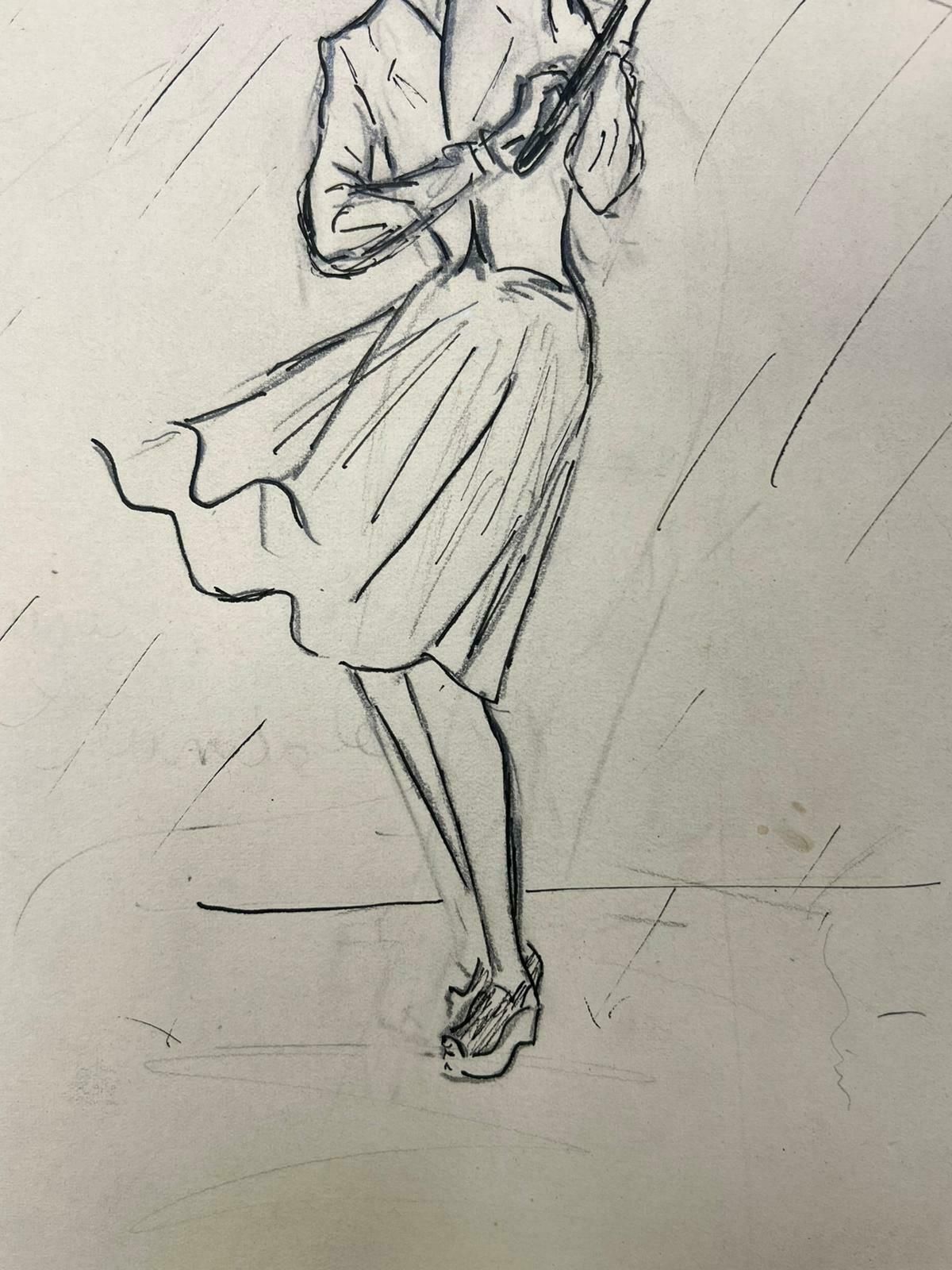 Josine Vignon1950’s Fashion Illustration Painting Of A Chic Lady With Shielding The Rain1960's photo furniture