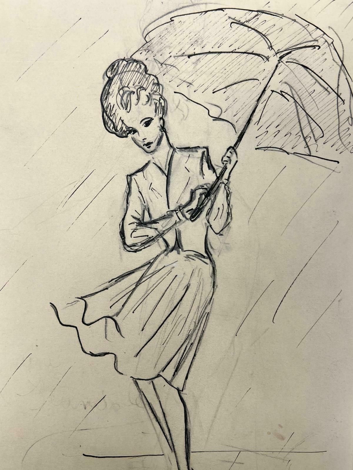 Josine Vignon1950’s Fashion Illustration Painting Of A Chic Lady With Shielding The Rain1960's photo for sale