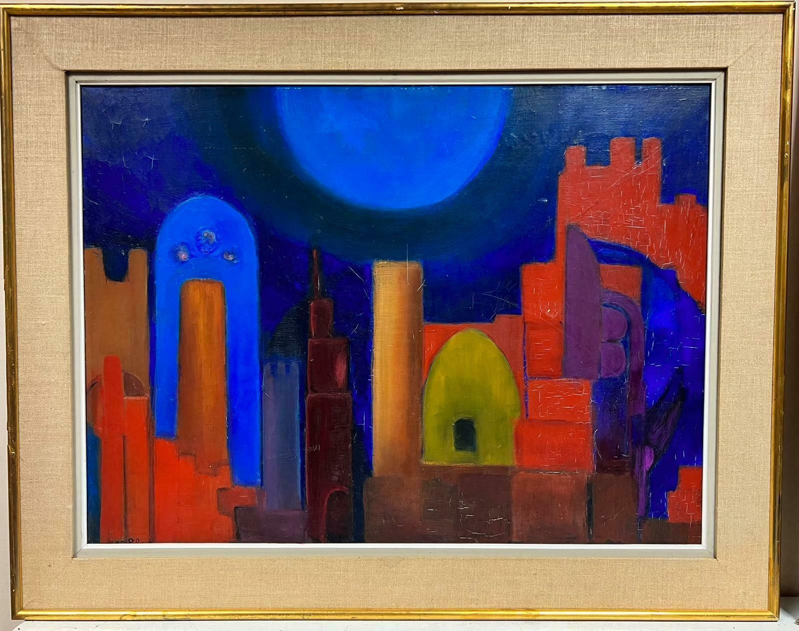 French Abstracthuge French Modernist Signed Oil Abstract Painting Of City Scape Orange & Blue1970's