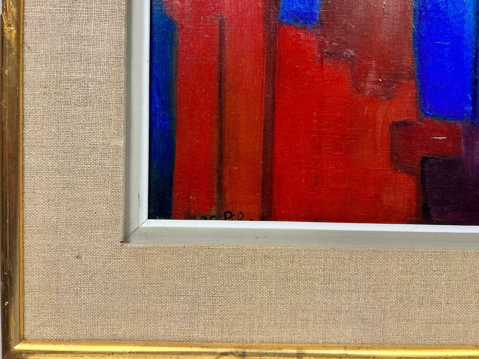 French Abstracthuge French Modernist Signed Oil Abstract Painting Of City Scape Orange & Blue1970's photo for sale