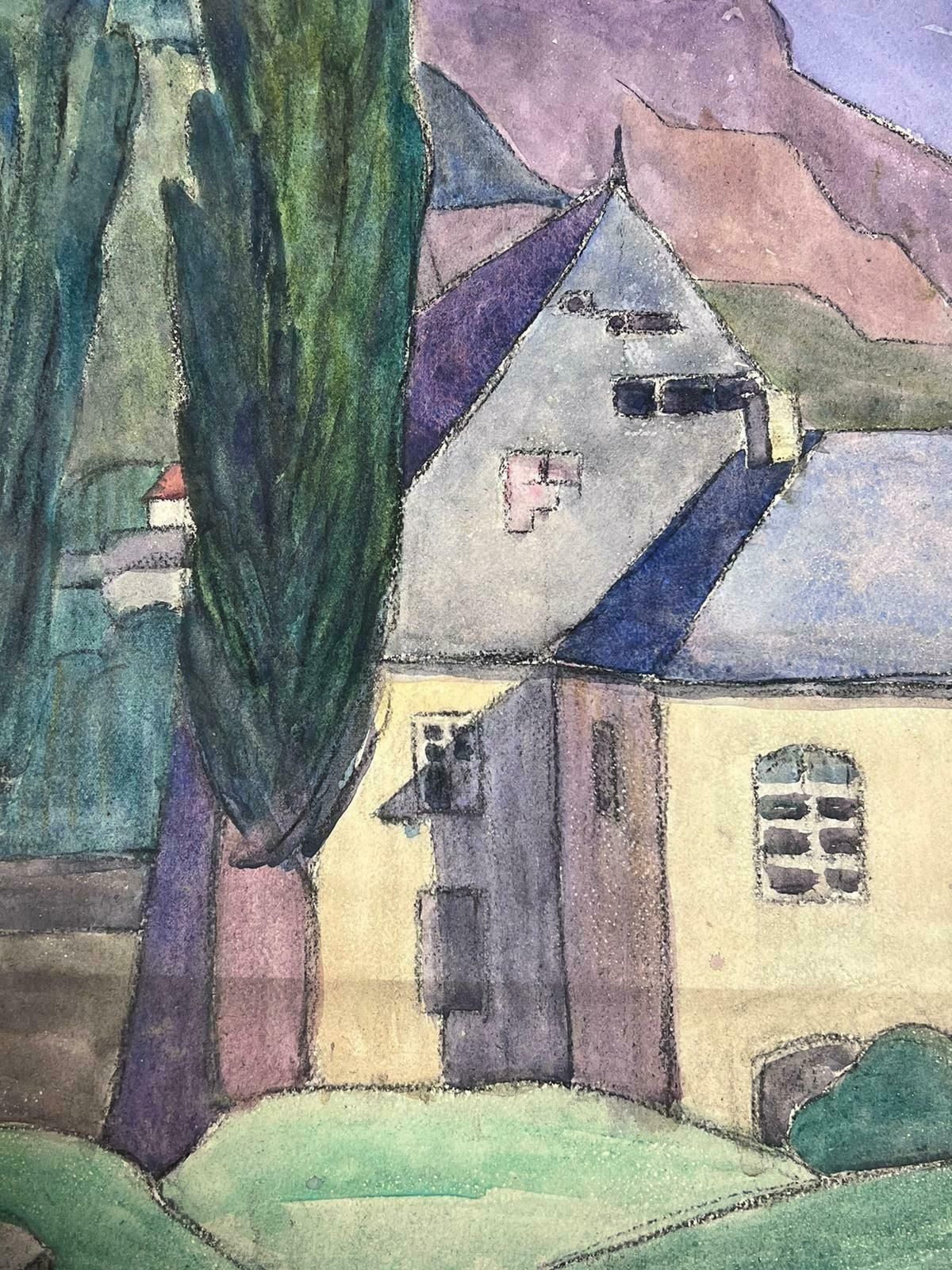 Louise Alix1930's French Impressionist Tall Green Cypress Trees Purple Mountain Landscape1930's photo 688.0