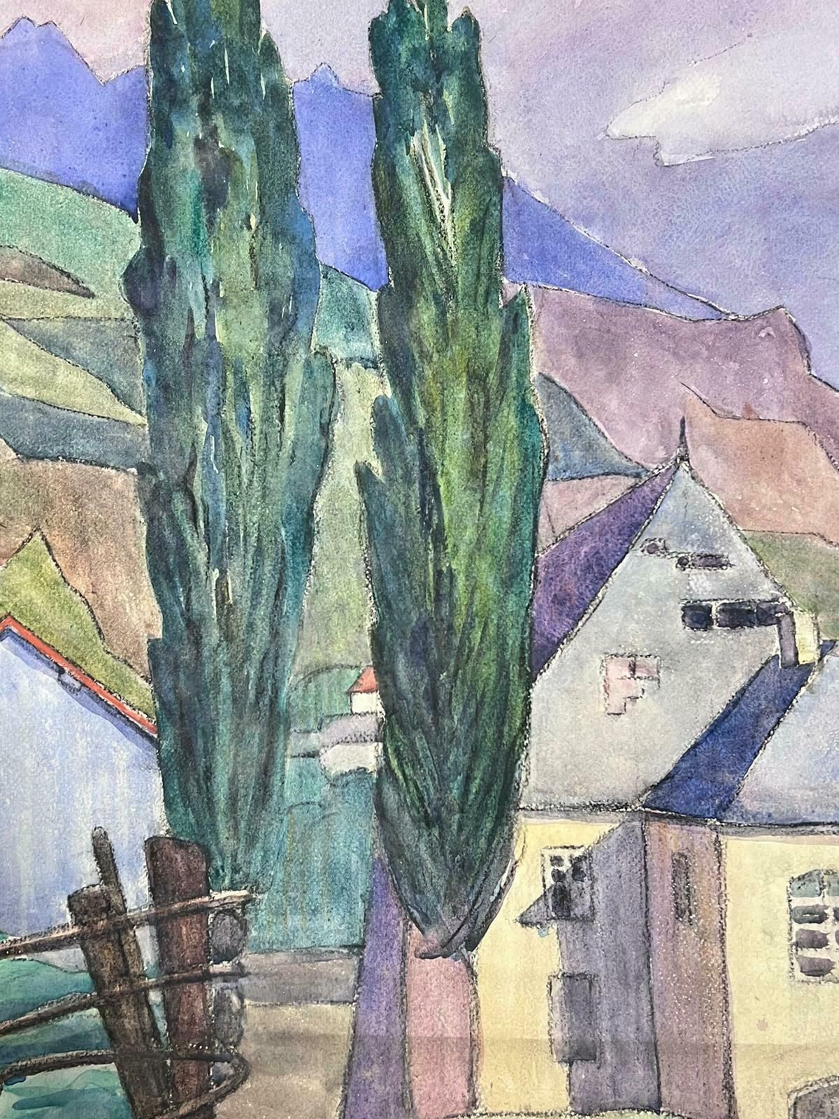Louise Alix1930's French Impressionist Tall Green Cypress Trees Purple Mountain Landscape1930's photo vinterior