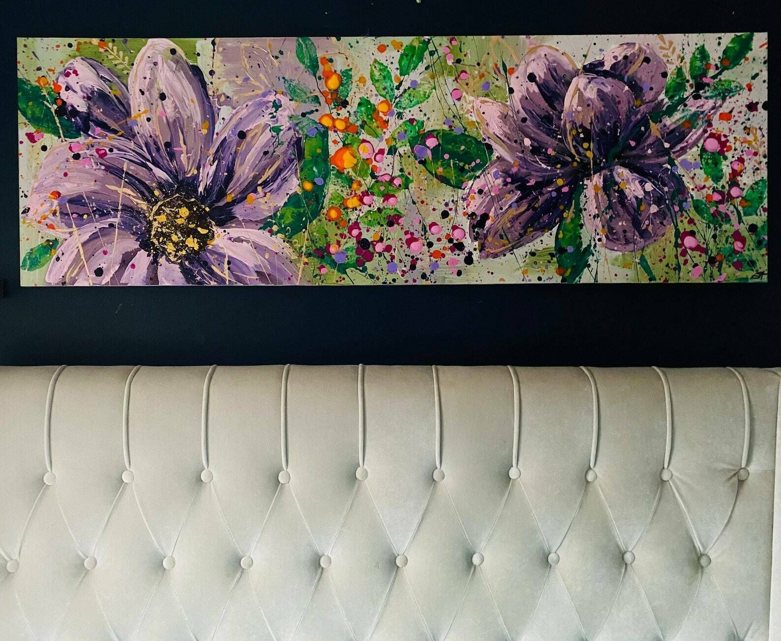 Yvonne..Hand Painted Original Acrylic Floral Art On A Up Cycled Canvas 150cm 50cm photo furniture