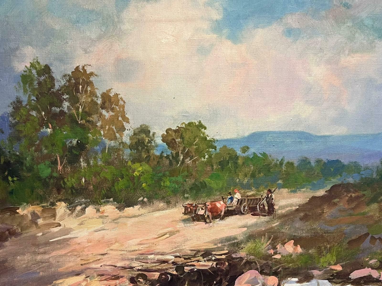 French Mid Century 1960's French Oil Oxen & Cart In Sun Scorched South Of France Landscape1960's photo Art
