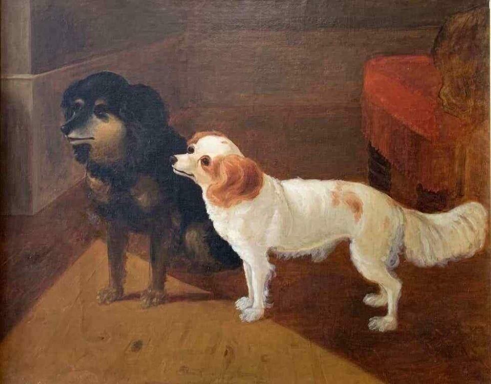 19th C. Englishwaiting For The Master Large Victorian Dog Painting Two Dogs In Interior C. 1870c. 1893
