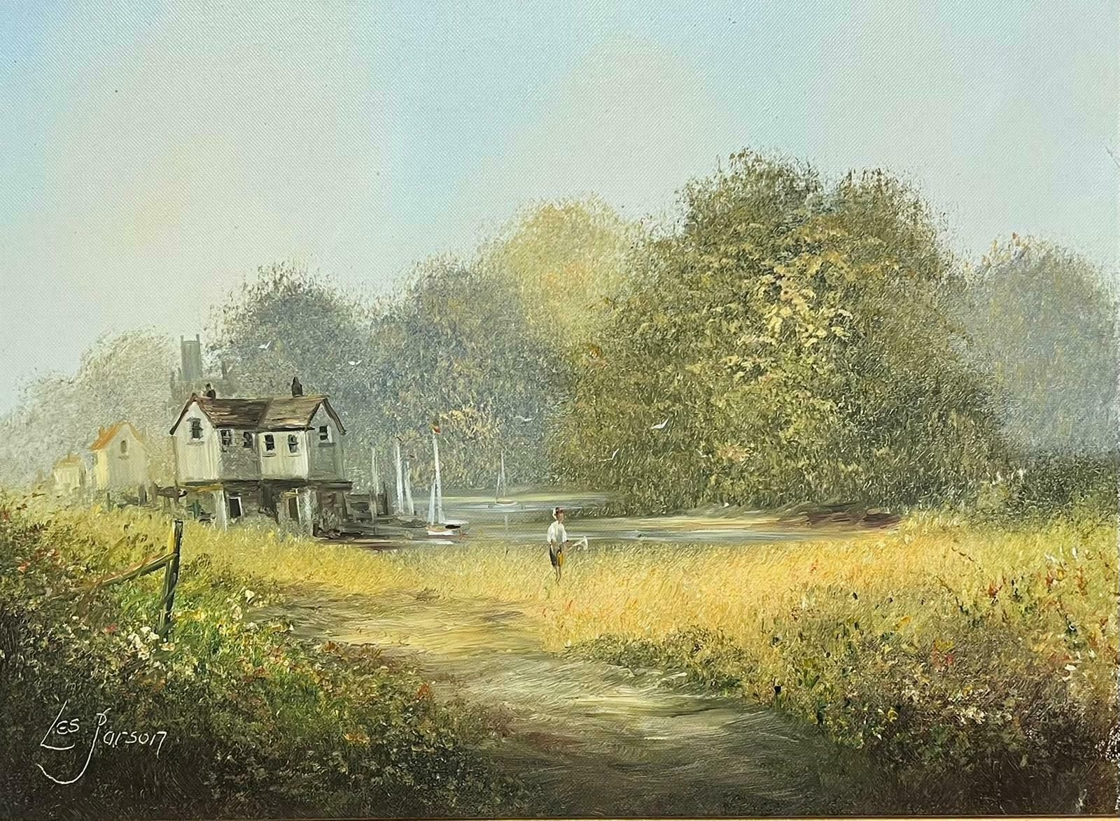 Les Parsonstranquil Rural River Landscape Figure Walking Through Meadows Signed English Oil photo furniture