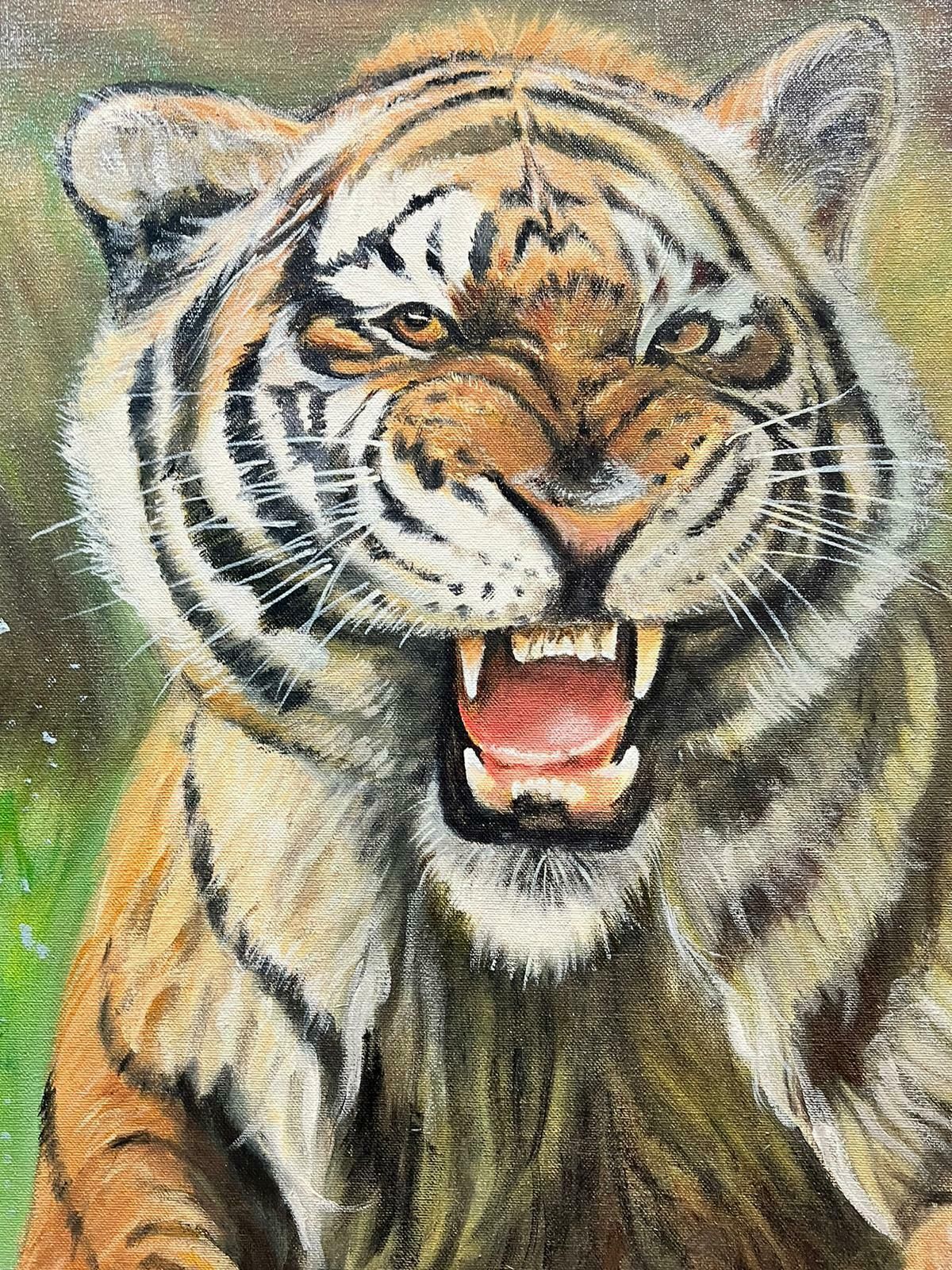 Martin Jarviscontemporary British Oil Painting Roaring Tiger In Landscape Leaping At Viewer photo vinterior