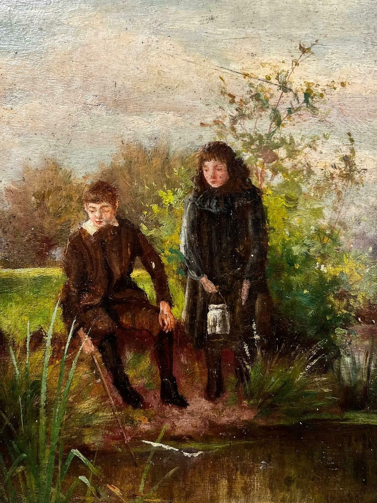 Antique English Antique Victorian English Oil Young Figures Down By The Stream photo Art