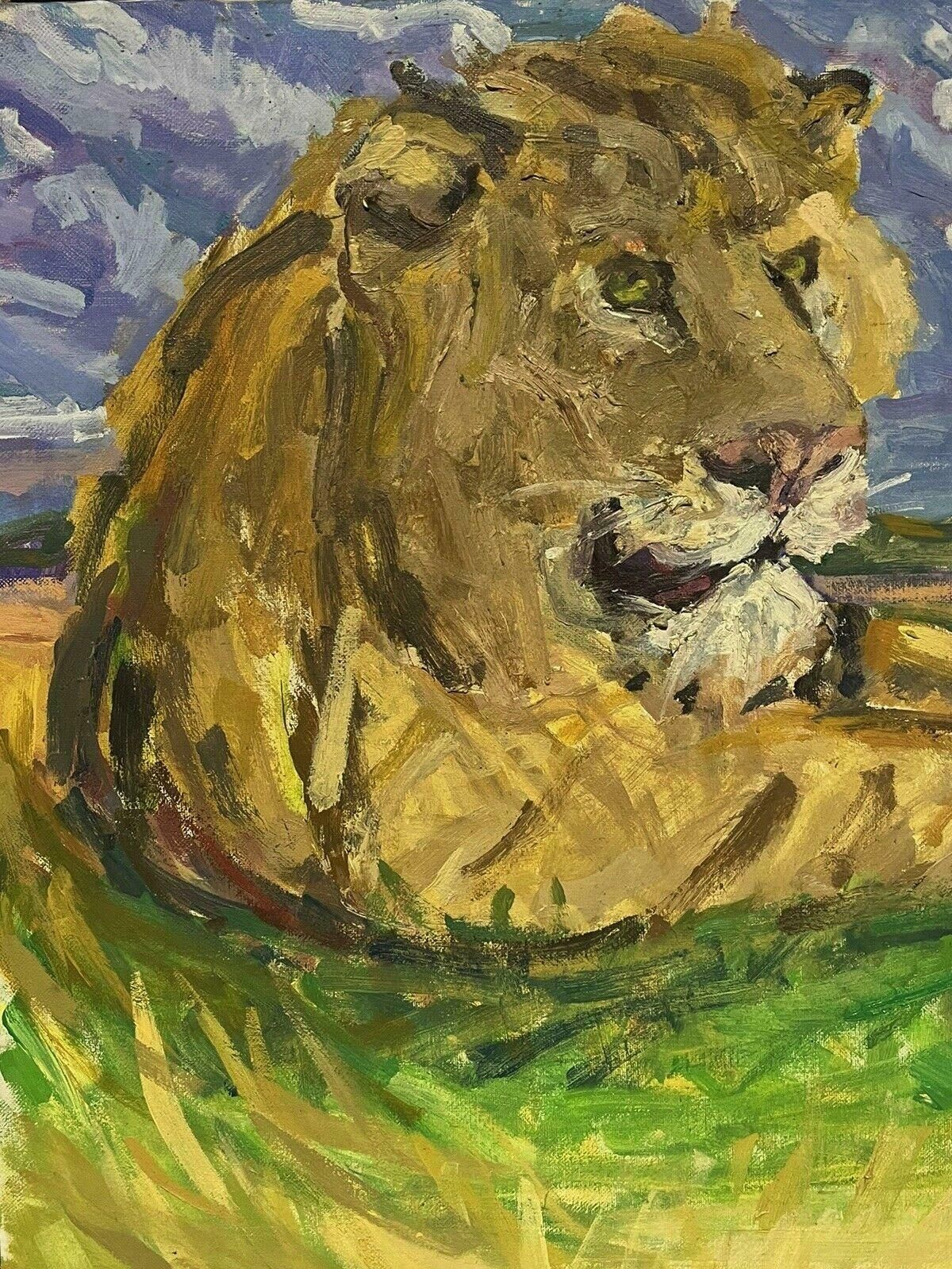 Douglas Stuart Allenlarge Impressionist Signed Oil Painting   Lion Resting In Landscape20th Century photo for sale
