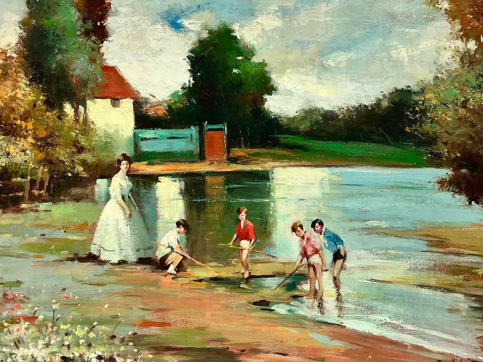 J. Giralt Lerinhuge Spanish Signed Oil Children & Mother Playing In River Summer Landscape photo 2193.0