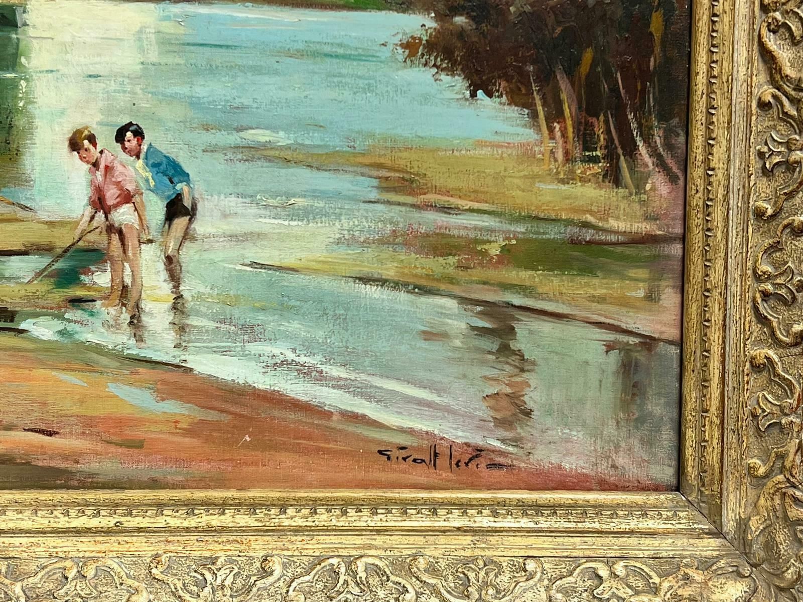 J. Giralt Lerinhuge Spanish Signed Oil Children & Mother Playing In River Summer Landscape photo vinterior