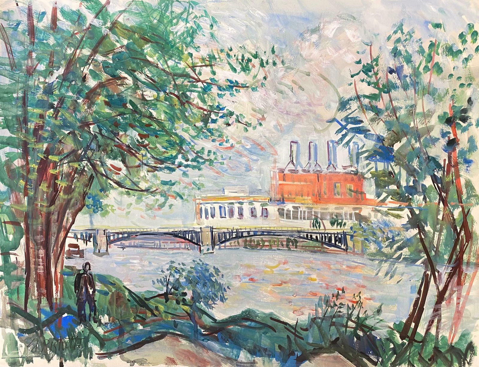 édouard Righetti (1924 2001)original French Mid Century Colourful Landscape, French Bridge1950's