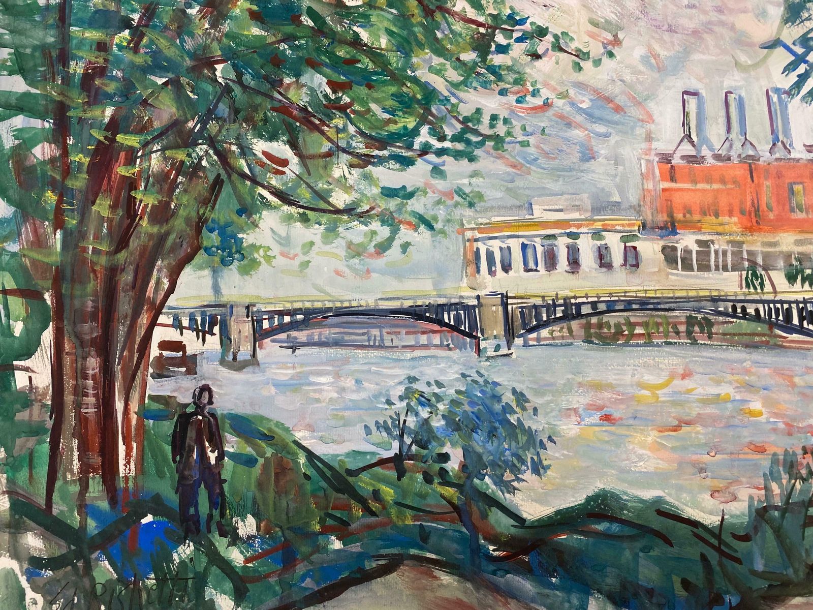 édouard Righetti (1924 2001)original French Mid Century Colourful Landscape, French Bridge1950's photo furniture