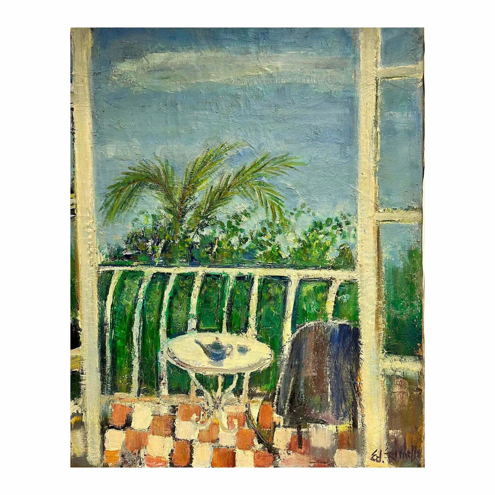 édouard Righetti (1924 2001)original French Mid Century Postimpressionist Oil Green Balcony Med Terrace View1950's