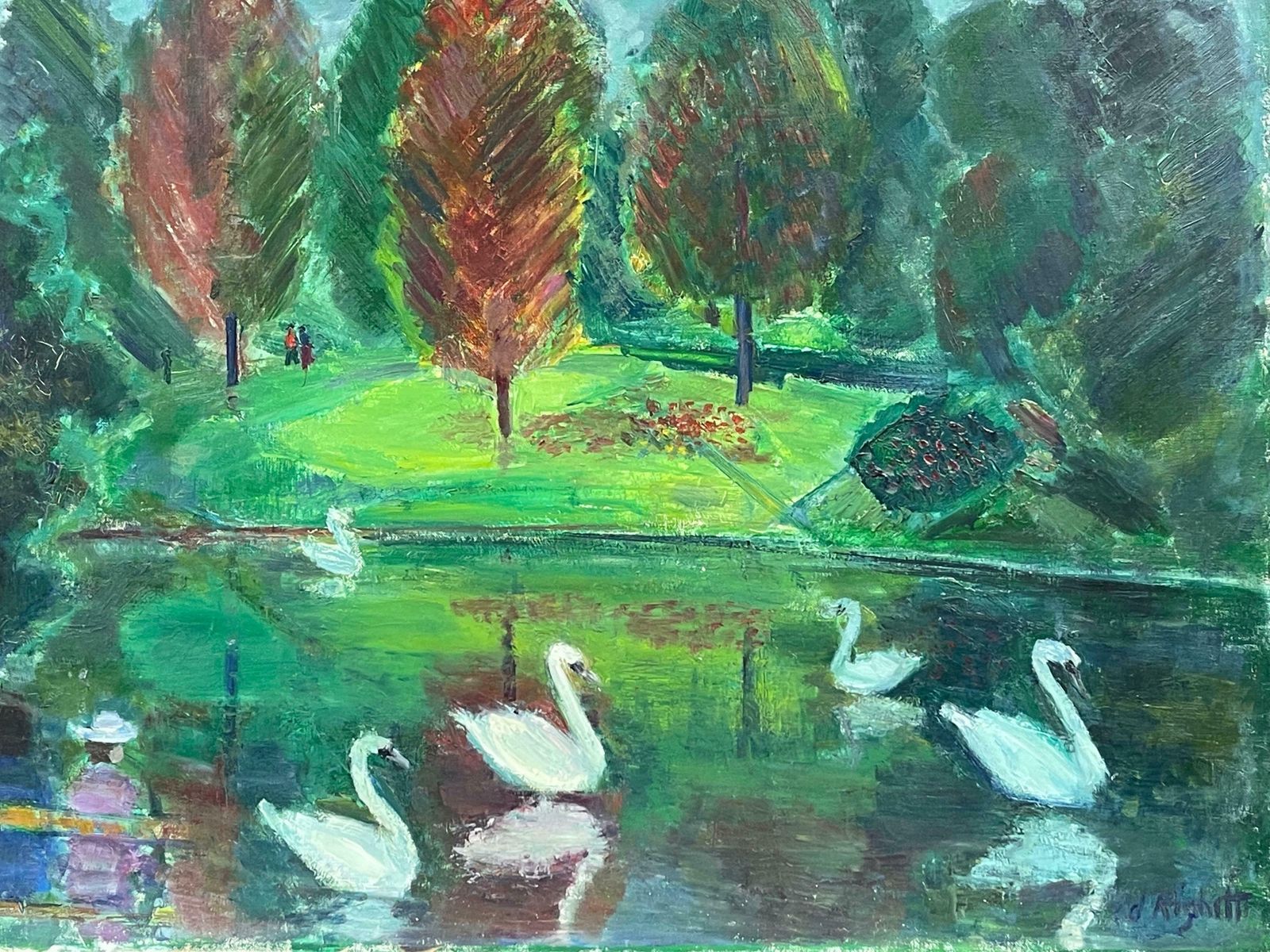 édouard Righetti (1924 2001)original French Mid Century Oil   Vibrant Green Lake With Elegant Swans1950's