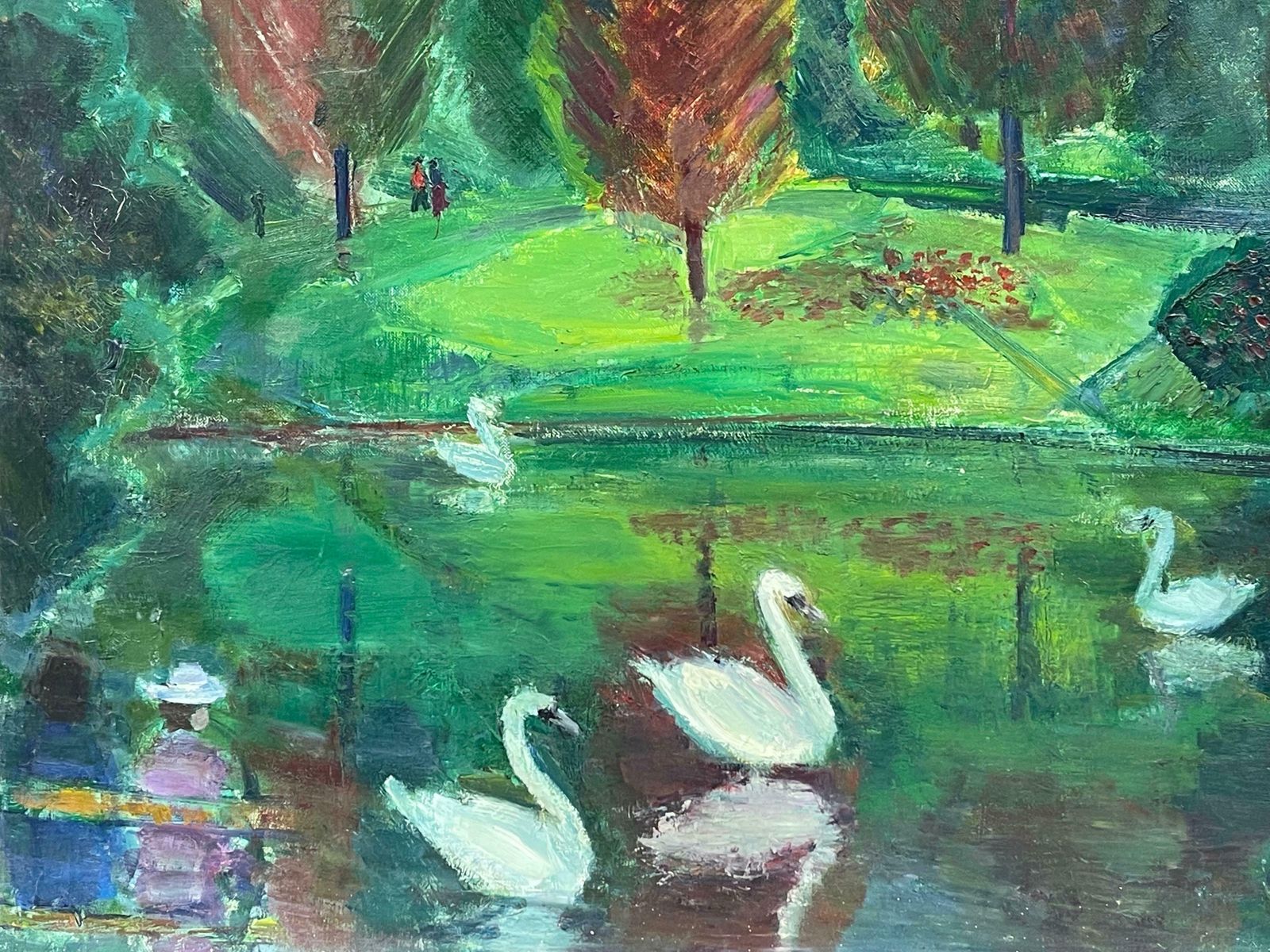 édouard Righetti (1924 2001)original French Mid Century Oil   Vibrant Green Lake With Elegant Swans1950's photo for sale