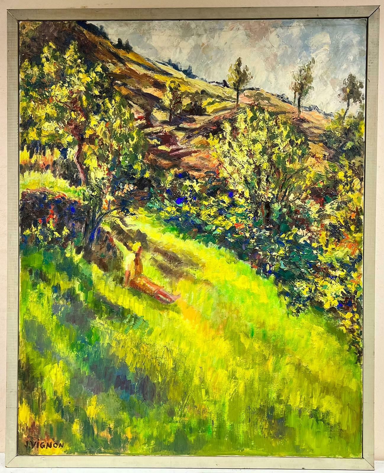 Josine Vignon20th Century French Post Impressionist Oil Lady In Sunlit Green Meadow Landscape1960's photo furniture