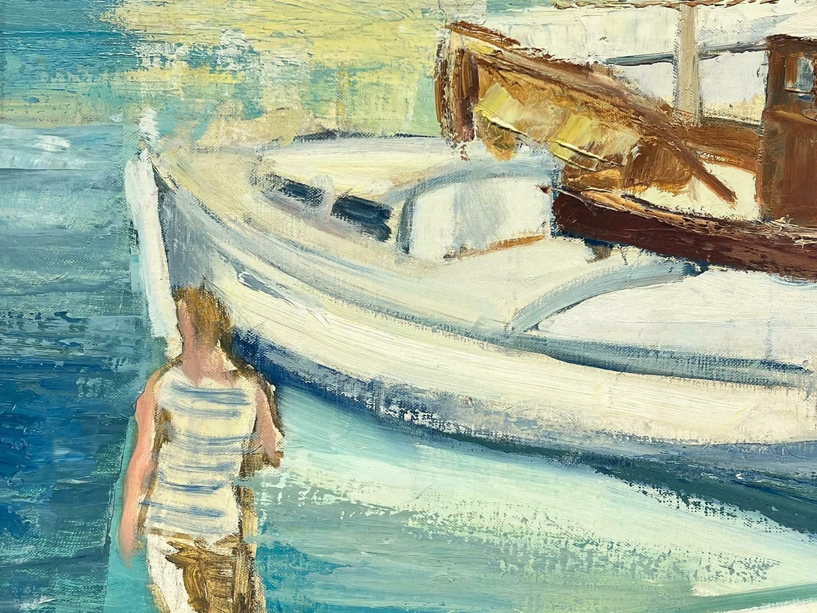 Josine Vignonsouth Of France Mediterranean Tranquil Harbour Boats & Figure 1950's French Oil1950's photo for sale