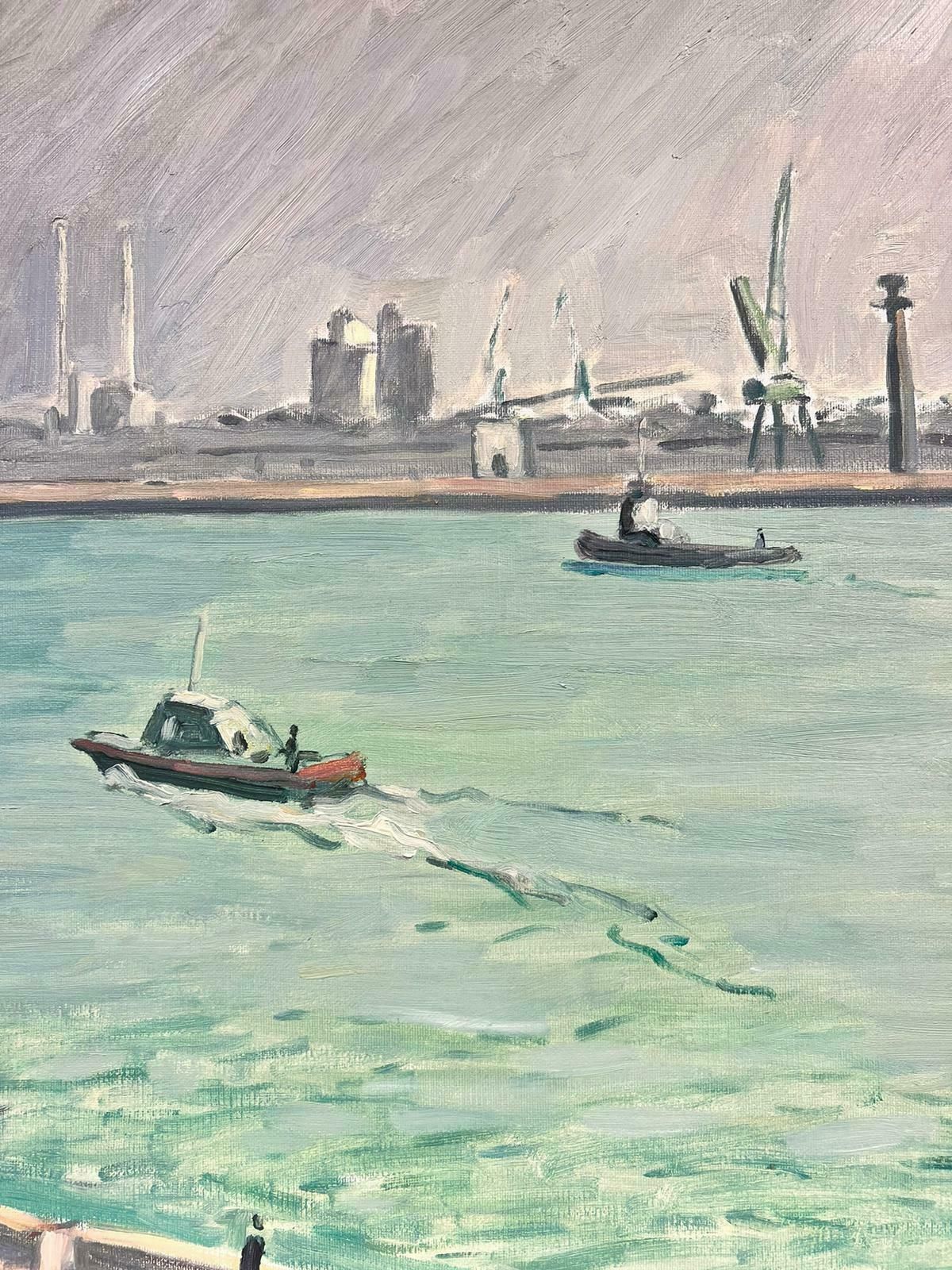 Guy Pichonfrench Impressionist Signed Oil Painting Boats In Busy Industrial Harbour Port2002 photo for sale