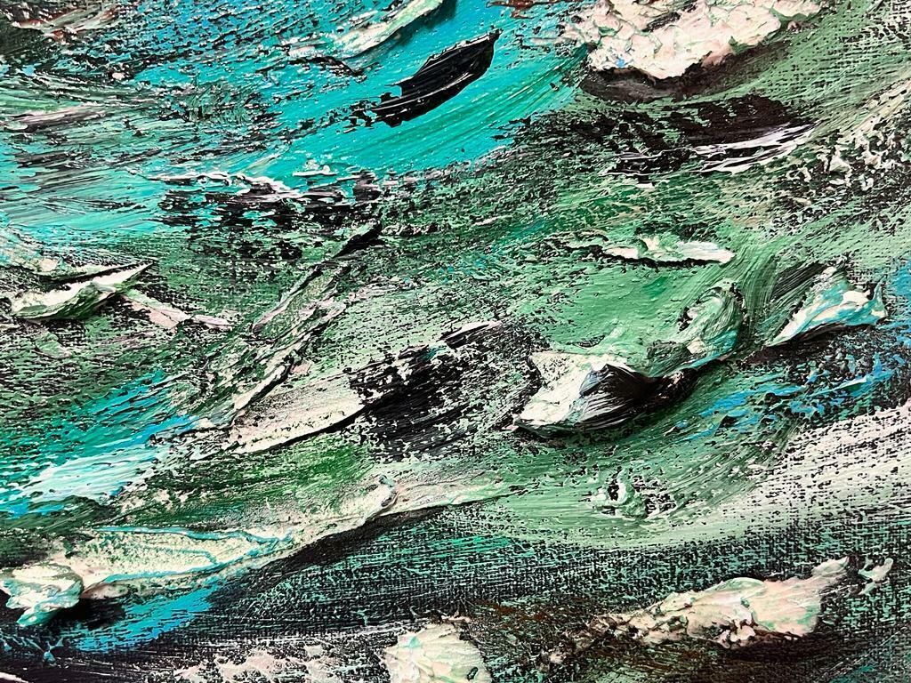 Contemporary British Large Modern British Abstract Painting   Thick Green And White On Black photo vinterior