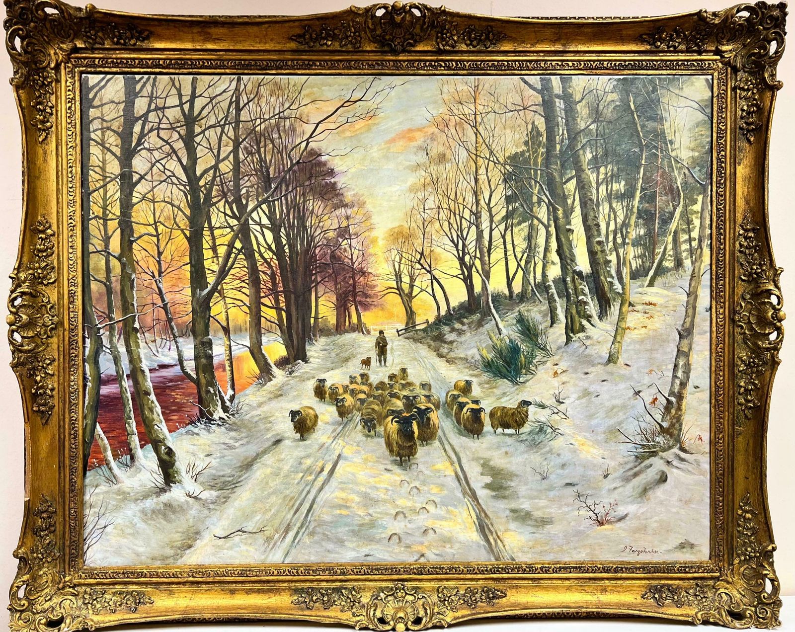 Scottish Schoolhuge Scottish Signed Painting Sheep In Winter Snowy Sunset Landscape photo furniture