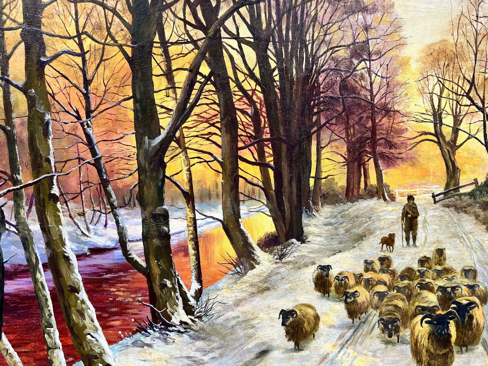 Scottish Schoolhuge Scottish Signed Painting Sheep In Winter Snowy Sunset Landscape photo Art