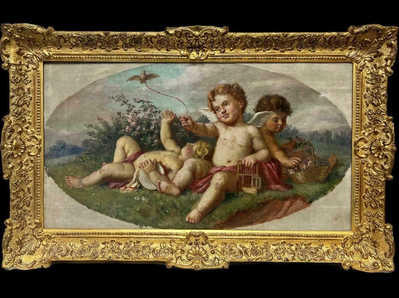 Continental School`19thc French/ Italian School Oil, Cherubs Playing In Landscape, Wild Flowers photo furniture