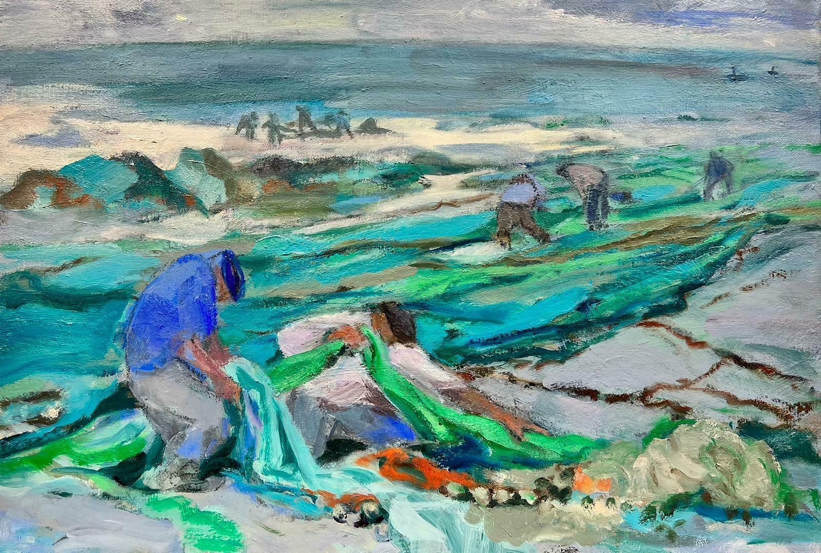 French Schoolfrench Modernist Contemporary Oil Painting Fishermen Tending Nets On Beachc. 2000's