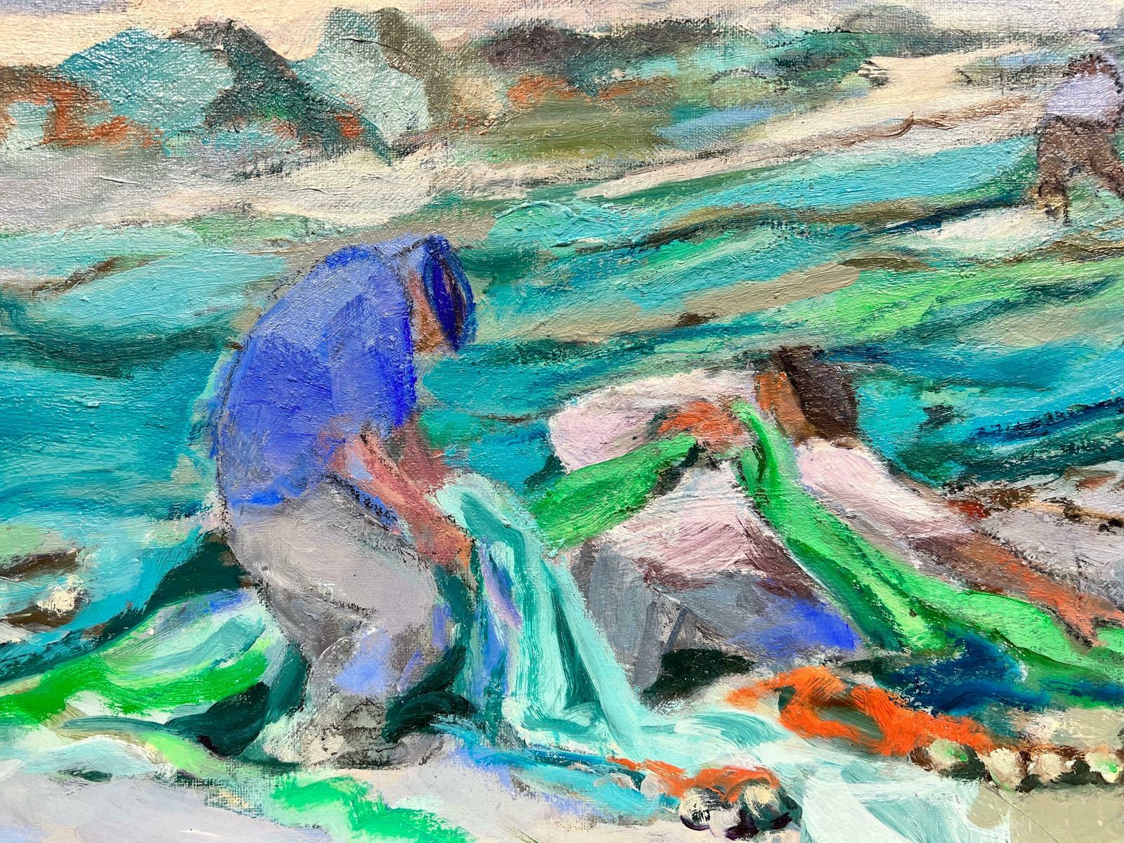 French Schoolfrench Modernist Contemporary Oil Painting Fishermen Tending Nets On Beachc. 2000's photo for sale