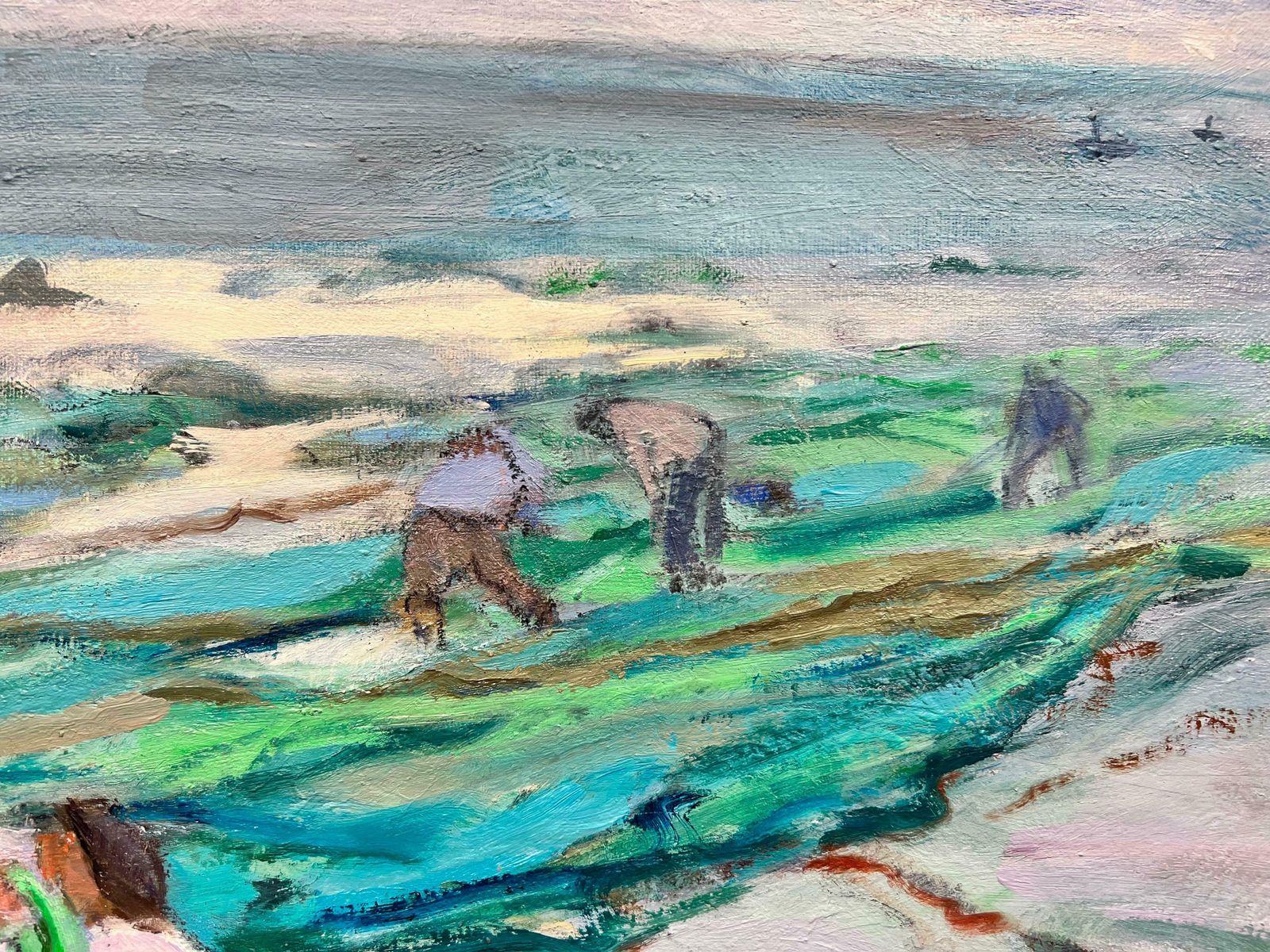 French Schoolfrench Modernist Contemporary Oil Painting Fishermen Tending Nets On Beachc. 2000's photo 1326.0
