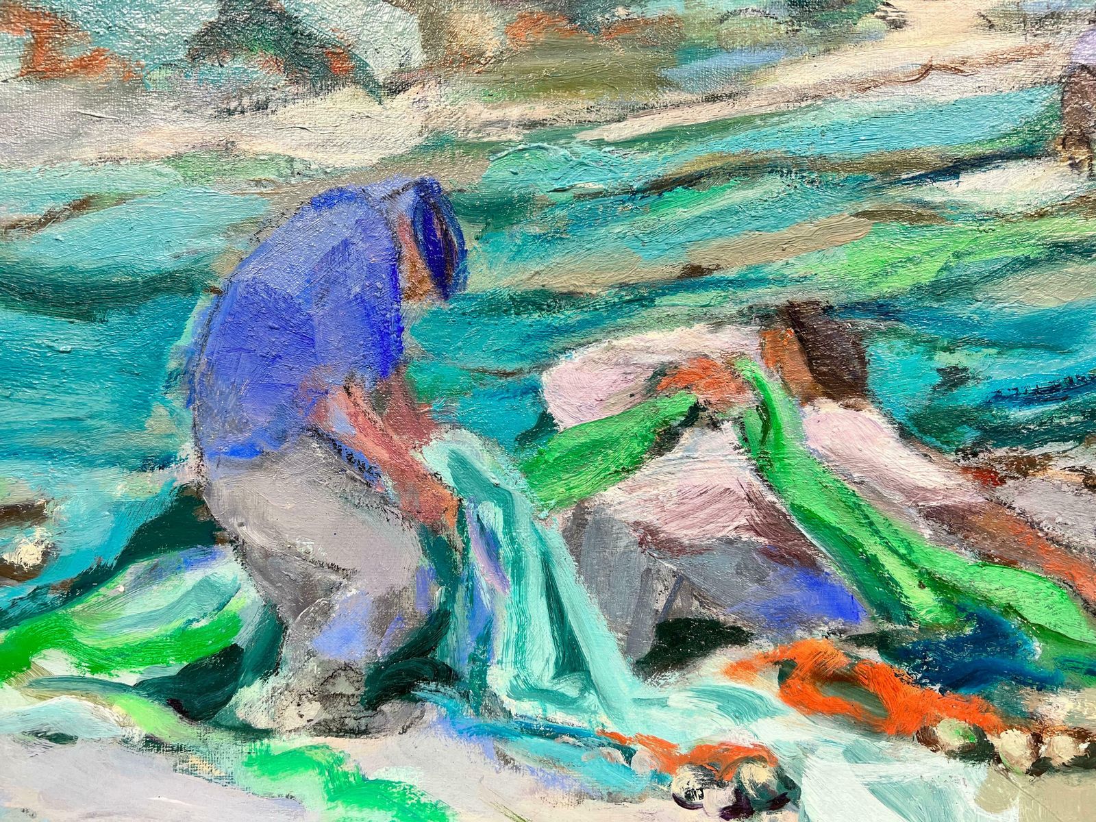 French Schoolfrench Modernist Contemporary Oil Painting Fishermen Tending Nets On Beachc. 2000's photo buy