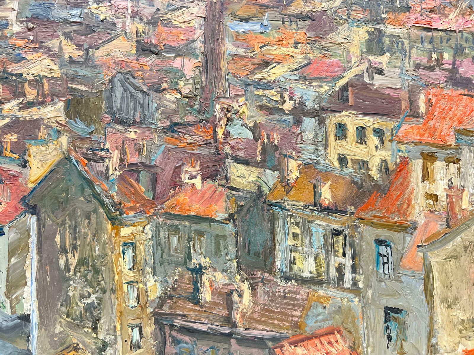 French School1950's French Impressionist Oil City Rooftops View Panoramic Skyline Beautiful photo for sale