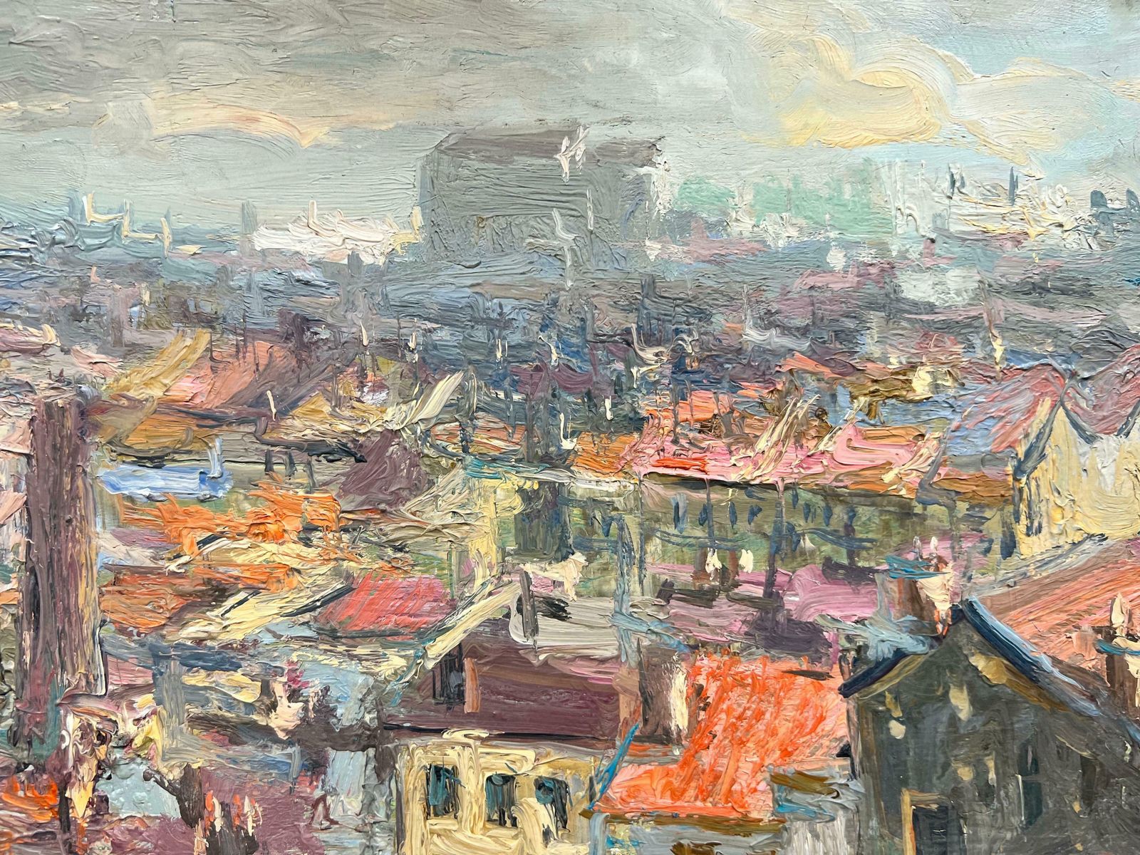 French School1950's French Impressionist Oil City Rooftops View Panoramic Skyline Beautiful photo vintage