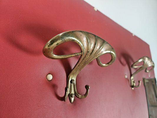 Vintage Coat Hanger In Red Skai With Brass Hooks And Mirror, 1960 photo vintage