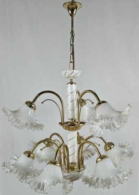 Large Ceramic Chandelier In Brass And Murano Glass, Italy, 1970s