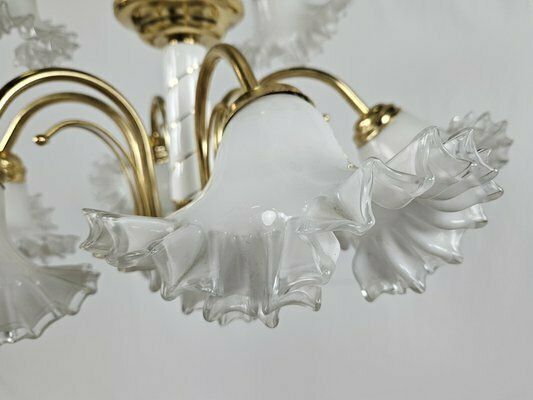 Large Ceramic Chandelier In Brass And Murano Glass, Italy, 1970s photo vinterior