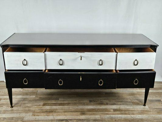 Furniture Black White Lacquered Chest With Glass Top And Brass Handles, 1960 photo