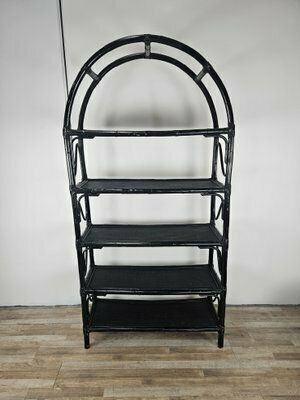 Large Mid Century Black Wicker Bookcase With Shelves, 1970s