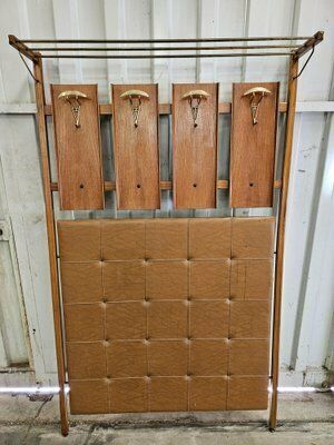 Wooden Wall Coat In Skai With Brass Hangers, Italy, 1950s