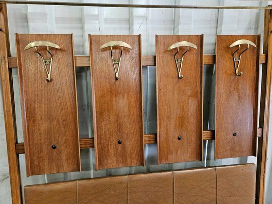 Wooden Wall Coat In Skai With Brass Hangers, Italy, 1950s photo furniture