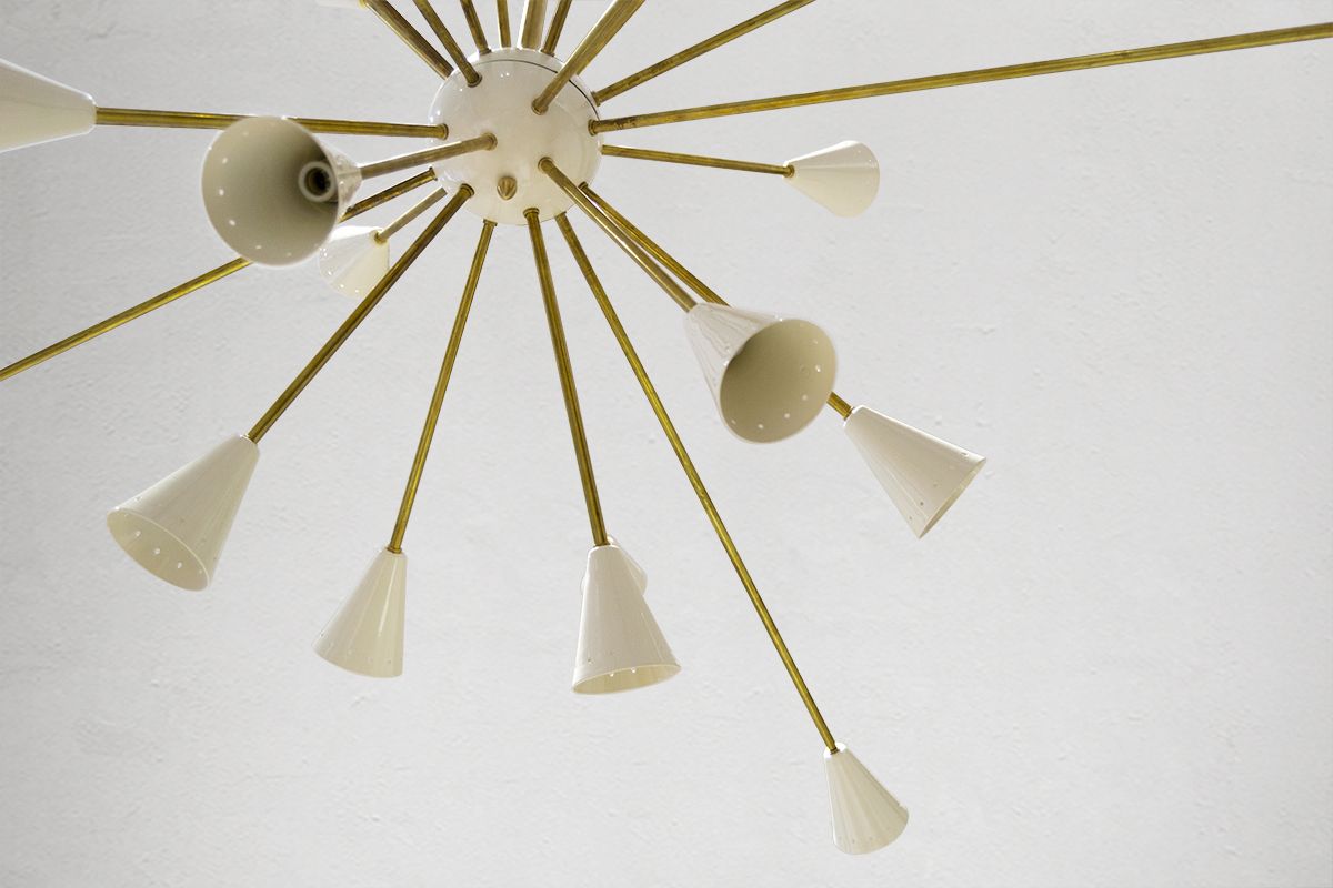 Italian Sputnik Chandelier In Brass And Ivory Colored Aluminum, 1950s photo Lighting