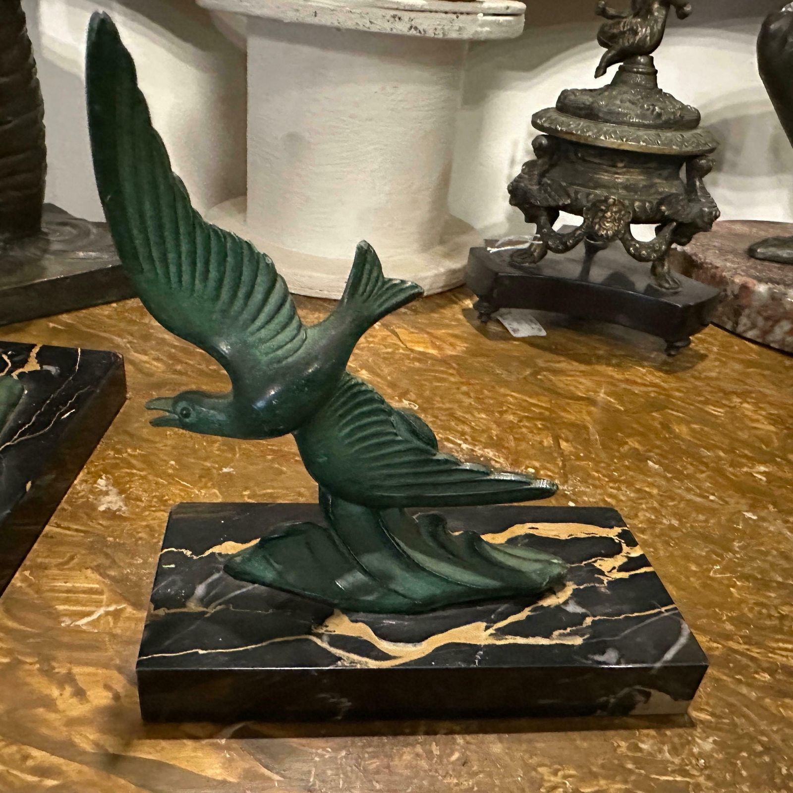 photo for sale 1930s Art Deco Marble And Green Metal French Birds Bookends