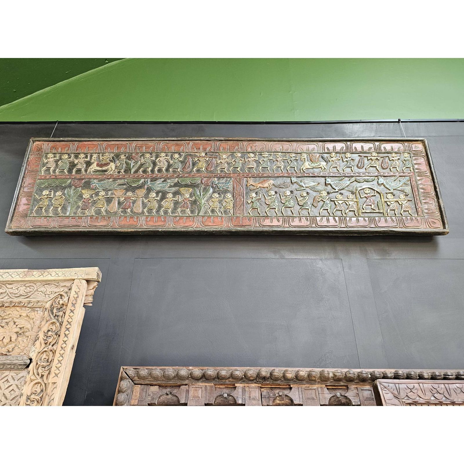 Antique Indian Teakwood Wall Decor (1800s) – Hand Painted Tribal & Animal Motif Artwork | Hand Carved Folk Art From India photo furniture