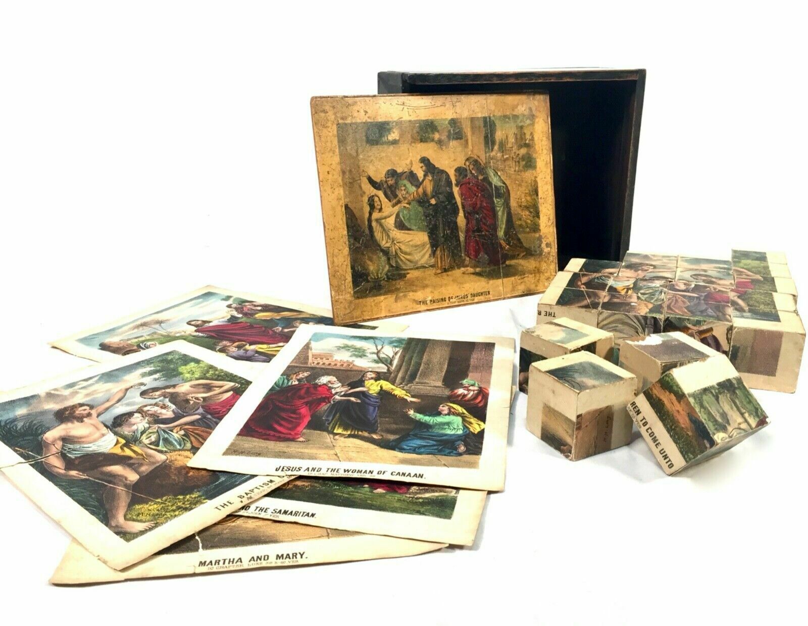 photo furniture Antique Religious Block Puzzle M H Long In Original Box / Complete C.1880