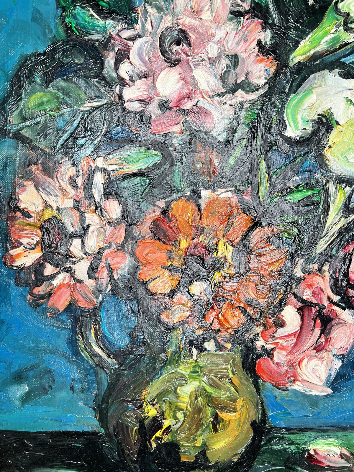The Zinnias, Oil On Canvas Painting photo vintage